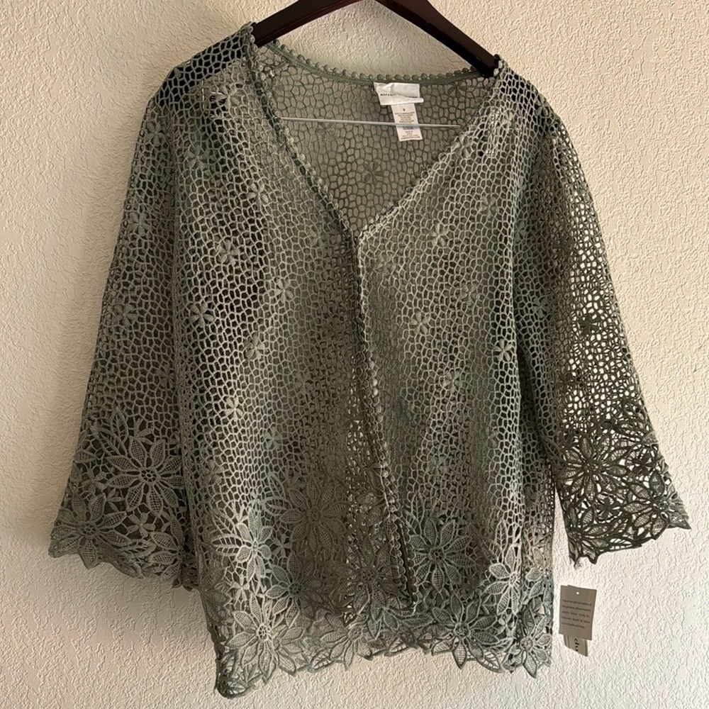 Alfred Dunner Green Lace Cardigan with 3/4 Sleeves